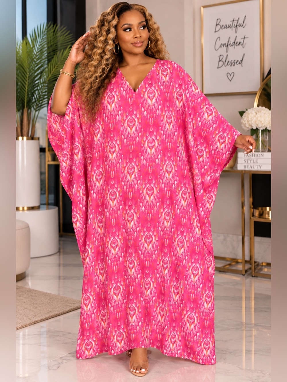 Women's Pink Printed V-Neck Caftan Dress